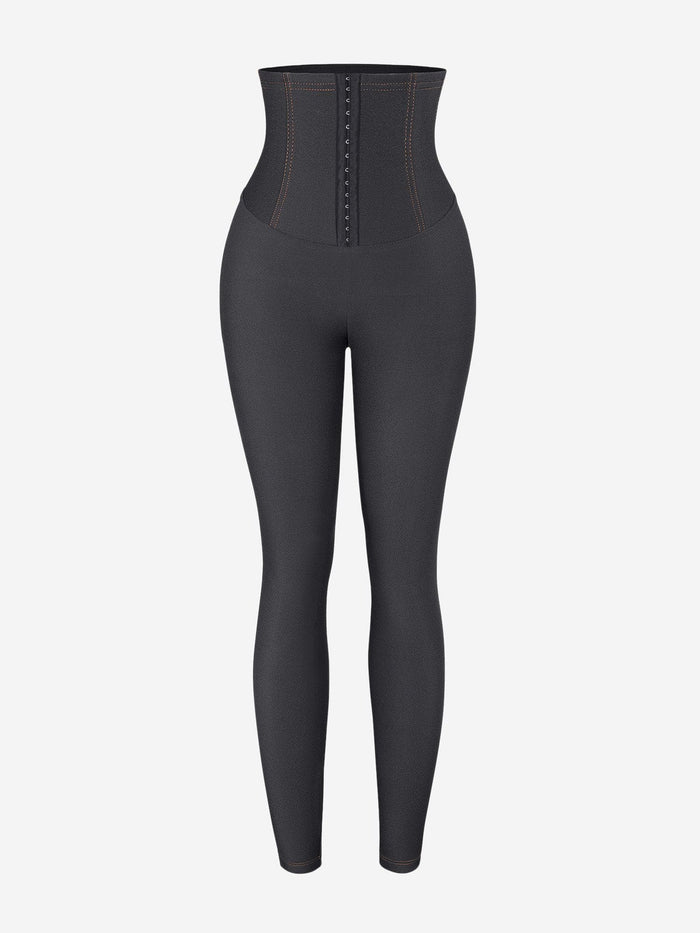 High-waist tummy control shapewear denim leggings in black with front hook-and-eye closure.