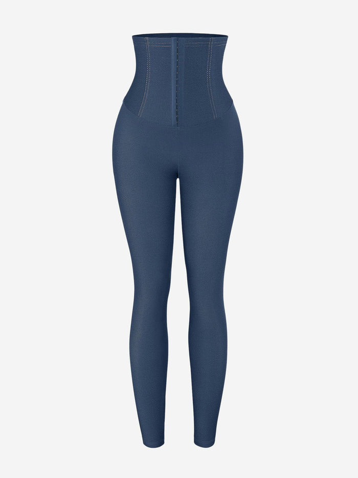 Popilush blue high-waist tummy control denim leggings with hook closure.