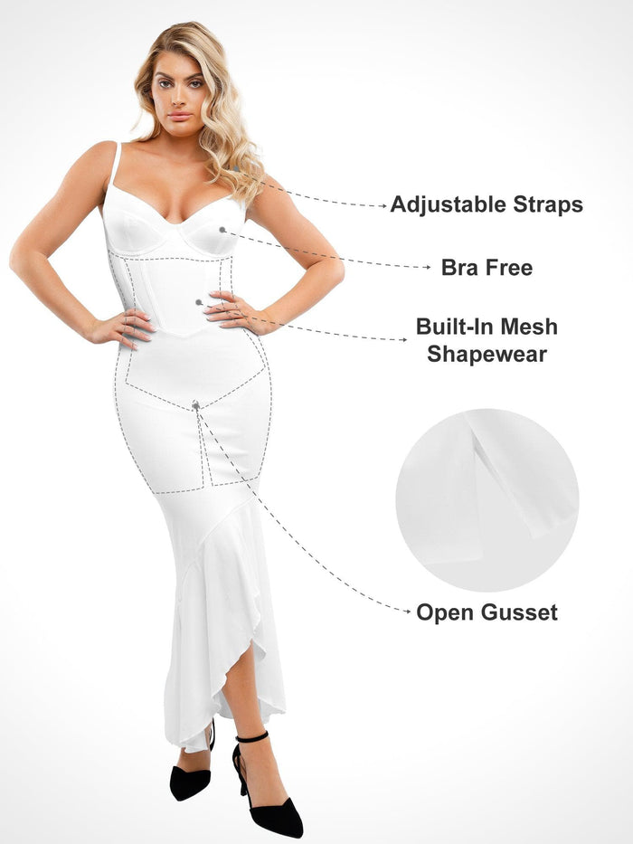 White maxi dress from Popilush®, with built-in shapewear, offering adjustable straps and a flattering design.