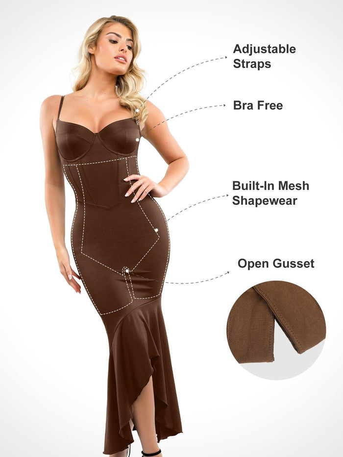 Popilush® brown maxi dress featuring shapewear and adjustable straps