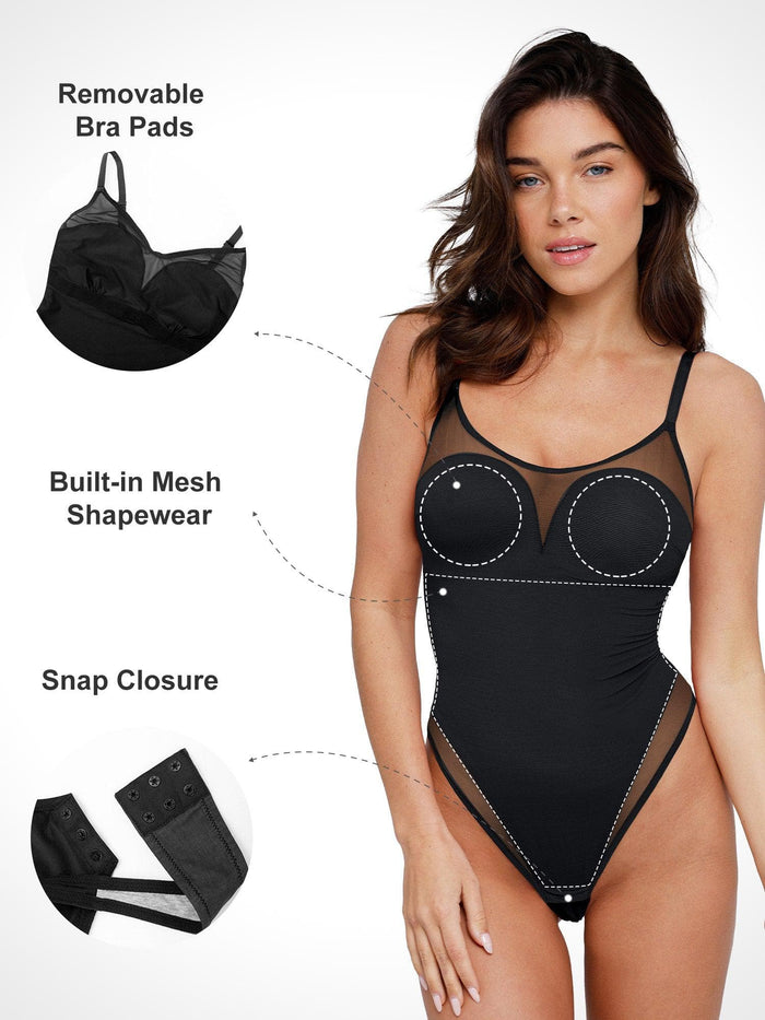 Black mesh shapewear bodysuit from Popilush® with removable bra pads and snap closure, slimming design