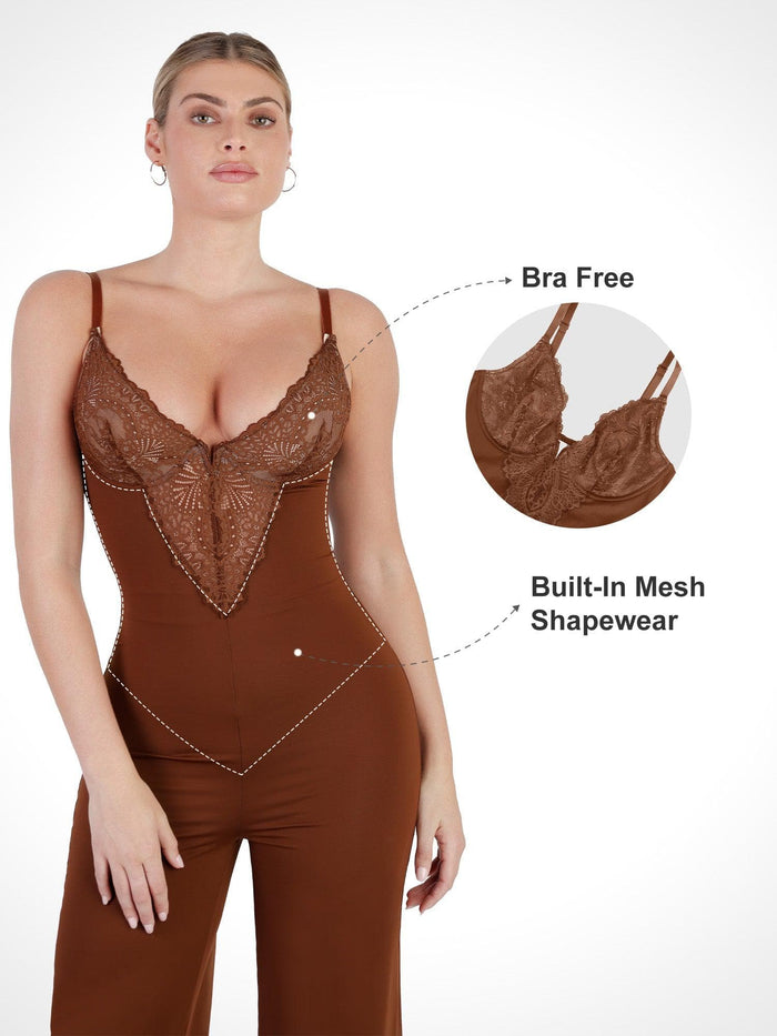 Sculpting brown wide-leg jumpsuit featuring lace deep V-neck and built-in mesh shapewear.