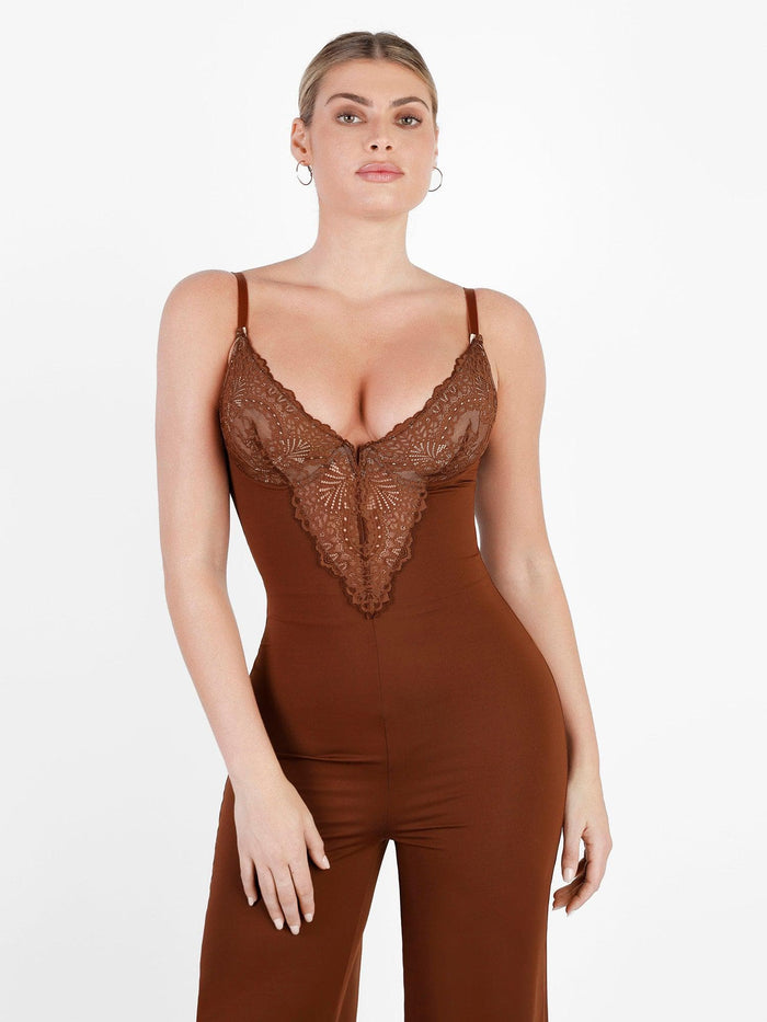 Brown sculpting shapewear jumpsuit: deep V-neck lace, wide legs