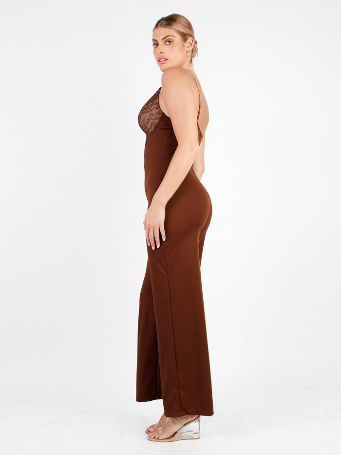 Brown lace deep V-neck wide-leg jumpsuit, designed for sculpting and tummy control.