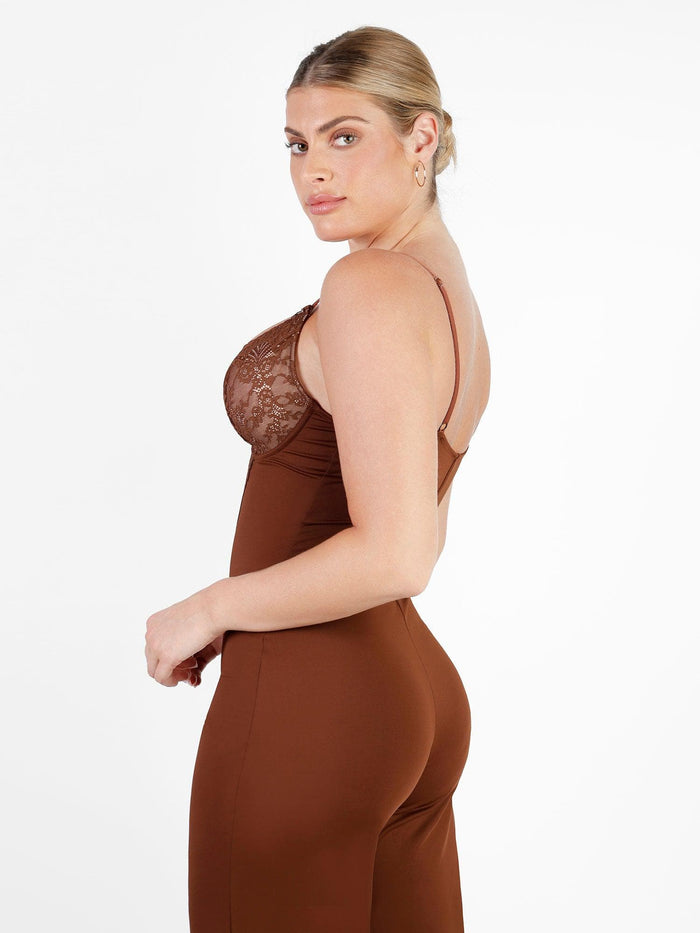 Brown lace deep V-neck sculpting wide leg shapewear jumpsuit