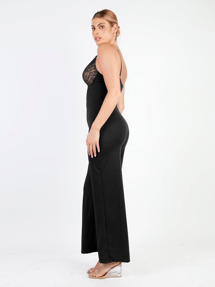 Sculpting black wide leg jumpsuit with lace deep V-neck and tummy control shapewear.