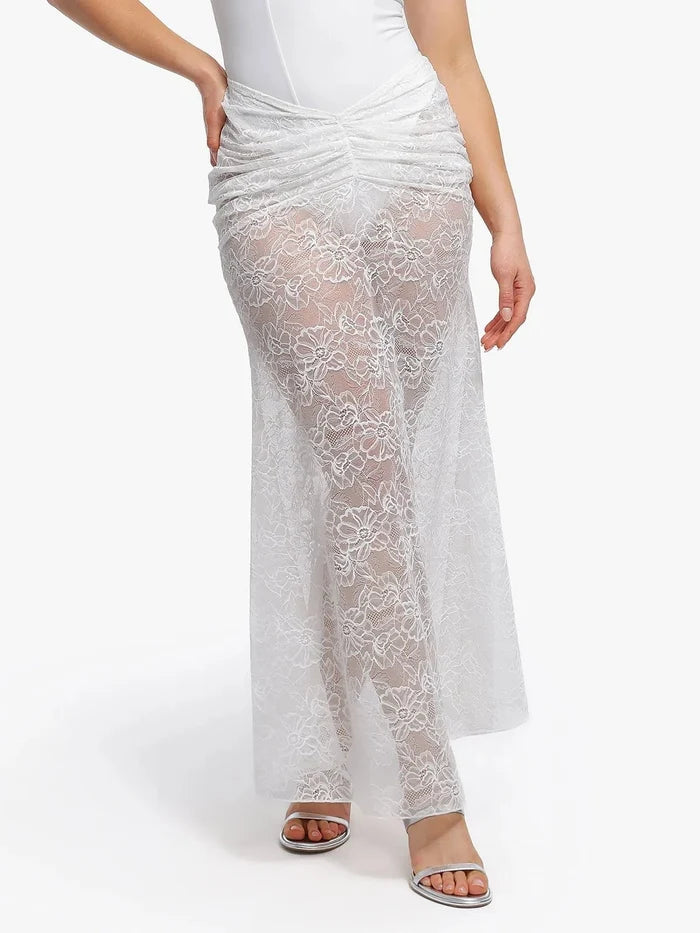 White lace fishtail maxi skirt with ruched waist detail.