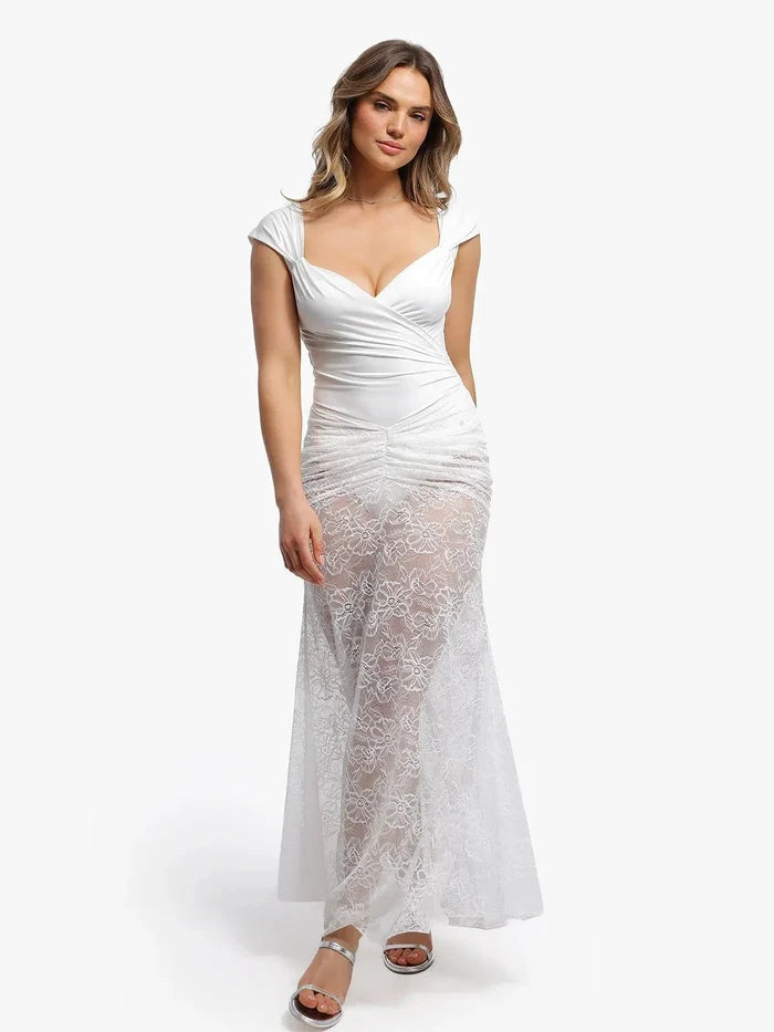 Shapewear Lace Fishtail Coverup Maxi Skirt in white floral lace with ruched waist.