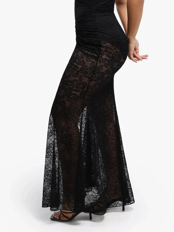 Black lace fishtail maxi skirt with ruched waist detail and sheer floral pattern.