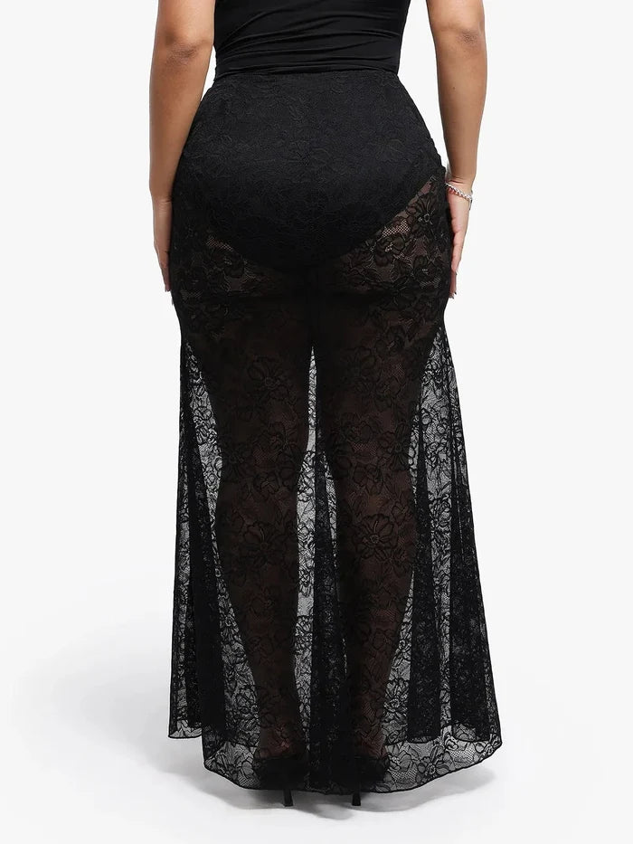 Black lace fishtail maxi skirt with a sheer overlay and elegant floral pattern.
