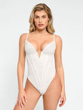White lace plunging V-neck bodysuit by Popilush®, shaping and sexy