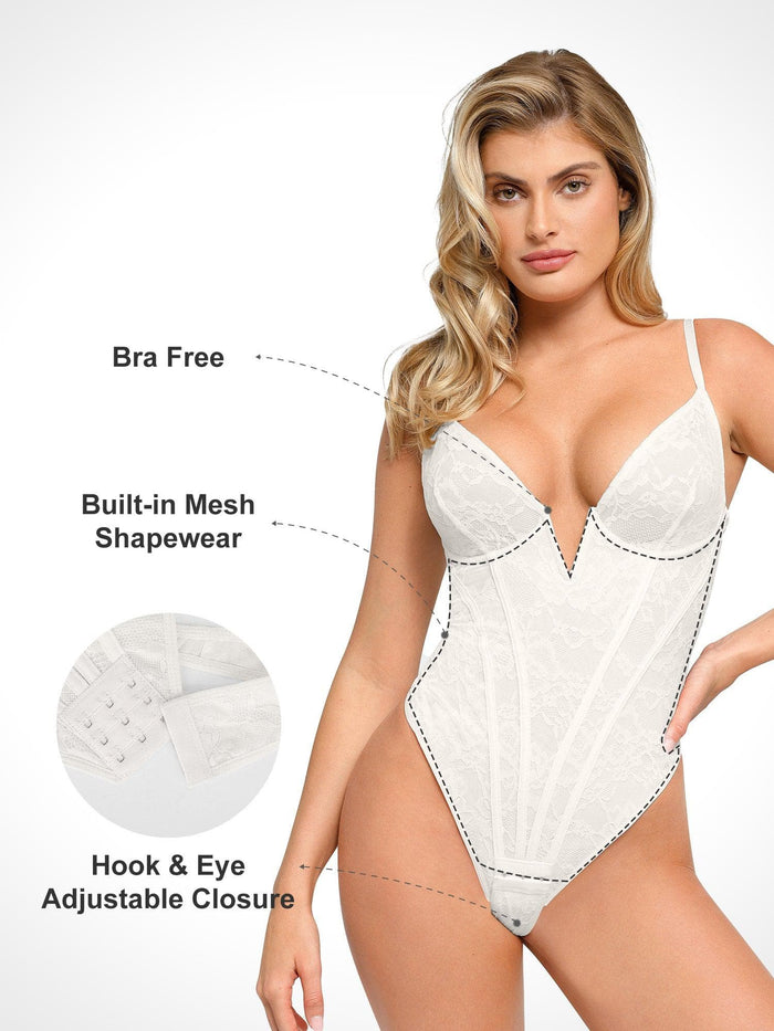 White lace hourglass corset bodysuit, plunge V-neck shapewear with adjustable hook & eye.