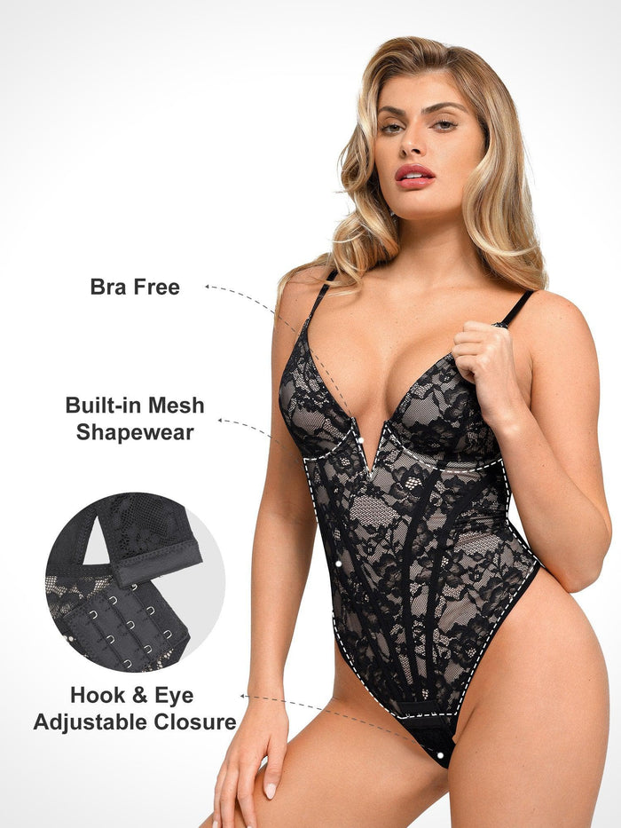 Popilush® black lace bodysuit, shaping and sexy, with adjustable closure