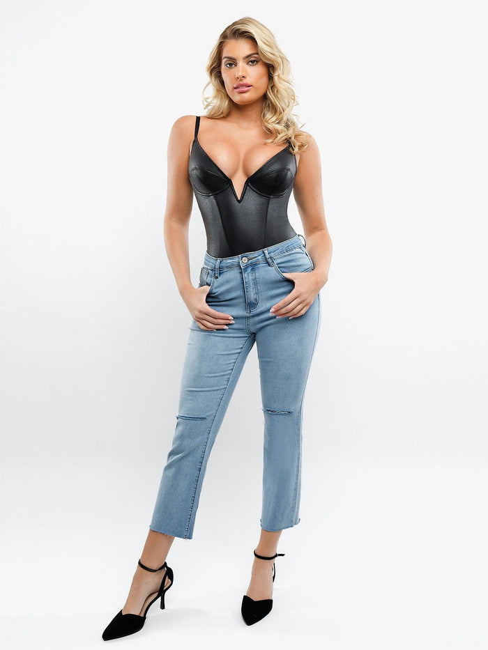 Leather bodysuit by Popilush®, paired with jeans, for a stylish look