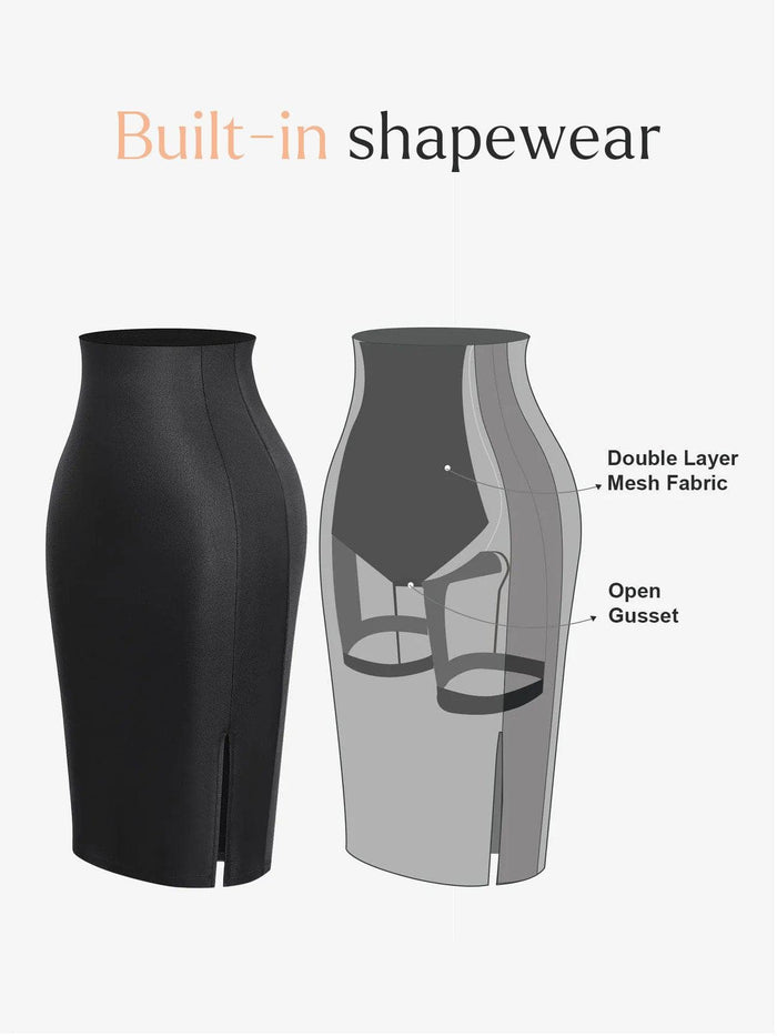 Leather midi skirt with built-in shapewear by Popilush®, featuring mesh fabric and open gusset.