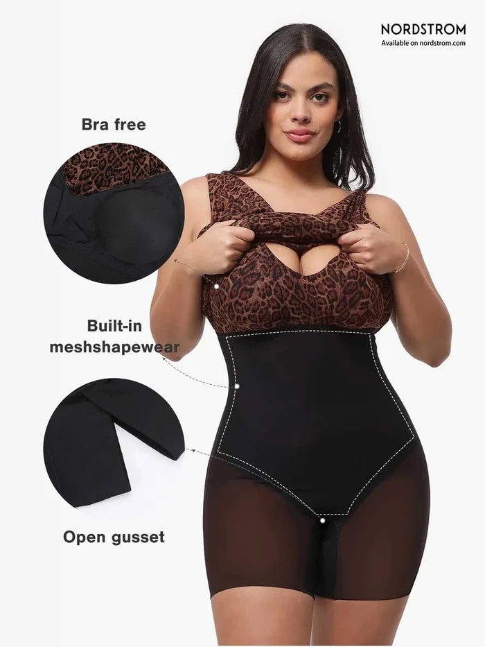 Leopard ruched cowl neck sculpting maxi dress with integrated shapewear.