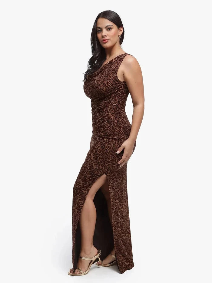 Leopard print ruched cowl neck sculpting maxi dress with high slit, model in gold sandals.