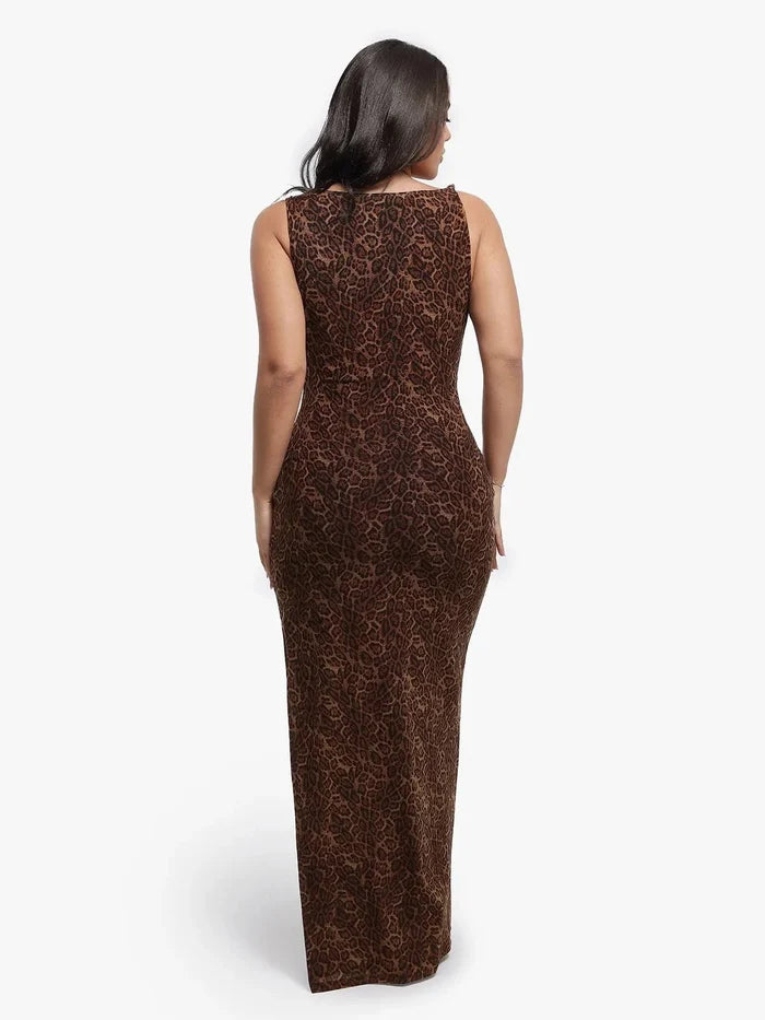 Leopard print ruched sculpting maxi dress with cowl neck, back view.