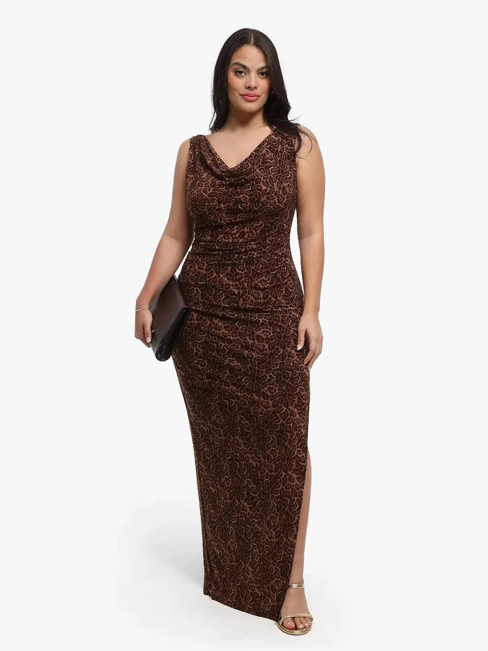 Leopard print ruched cowl neck sculpting shapewear maxi dress with side slit.