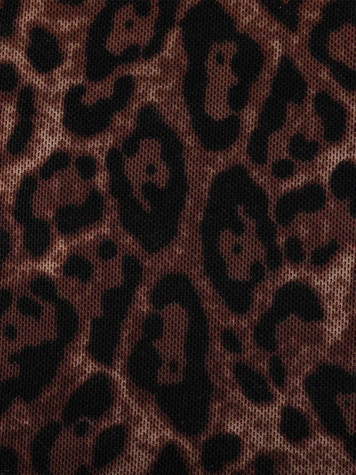 Leopard print mesh fabric detail for sculpting maxi dress.