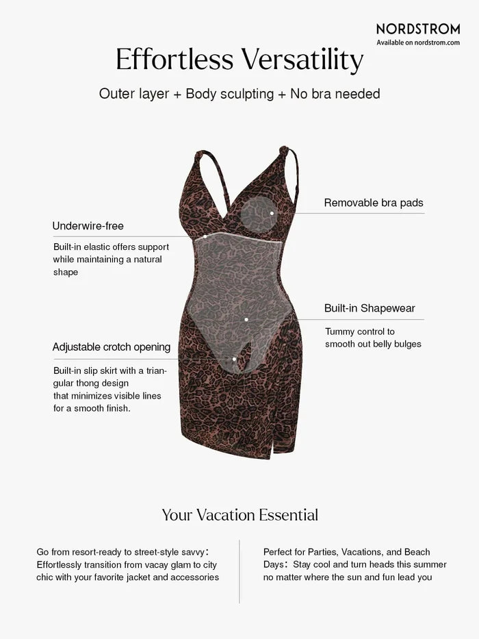 Shapewear Leopard Sculpting Side Slit Mini Dress with built-in tummy control and adjustable crotch.