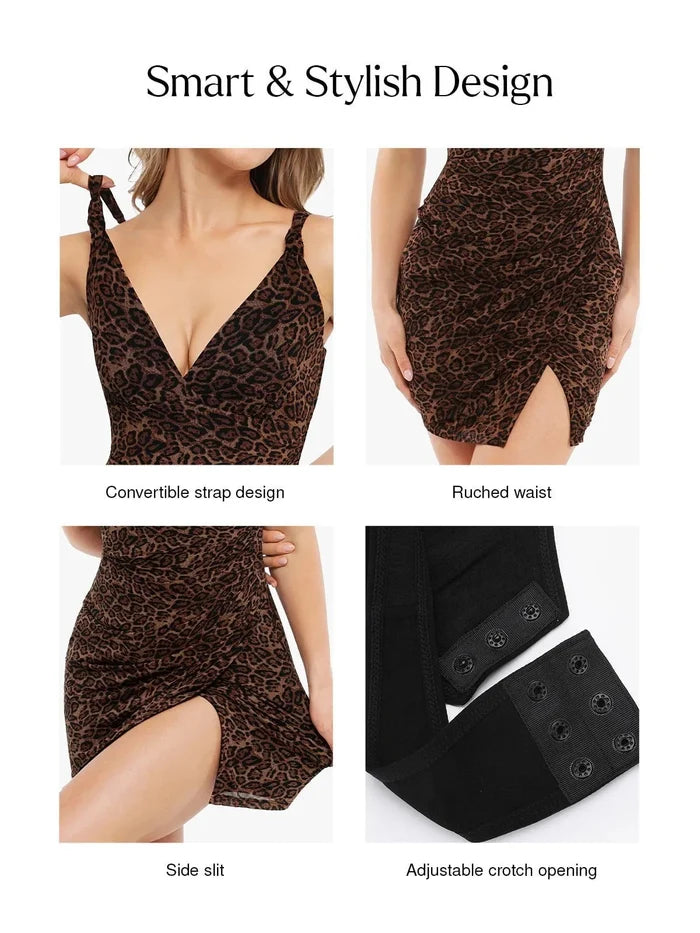 Leopard print sculpting mini dress with convertible straps, ruched waist, side slit, and adjustable crotch opening.