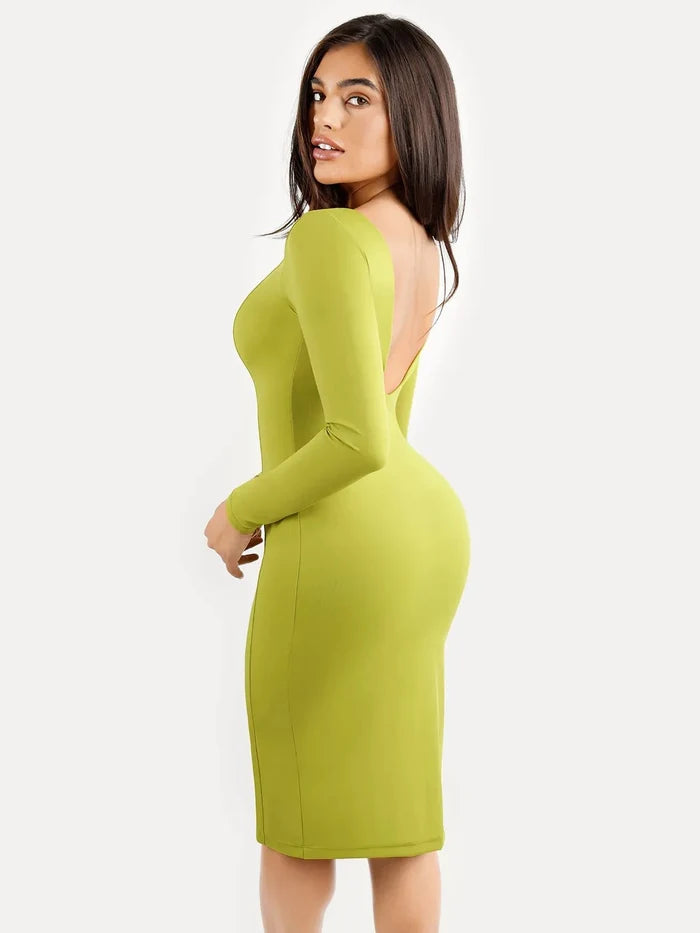 Popilush® Low Back Formal Bodycon Party Winter Gown Shapewear Long Sleeve Boat Neck Sculpting Midi Dress