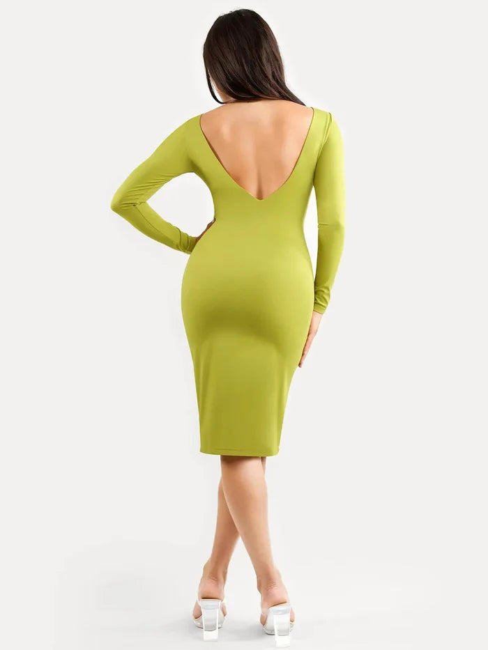 Lime green long sleeve shapewear midi dress, deep V low back, bodycon sculpting fit.