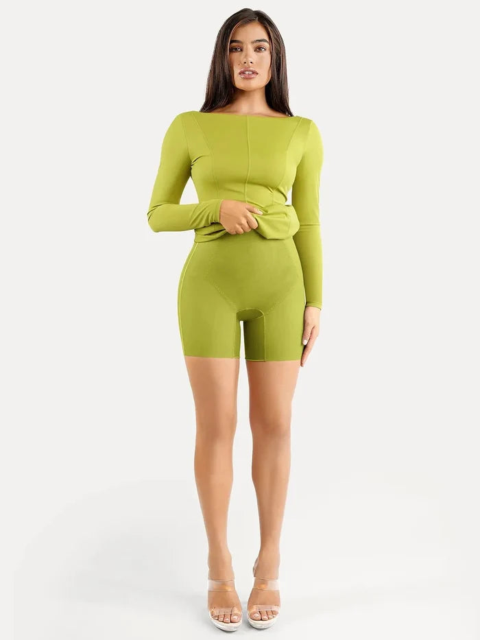 Popilush lime green long sleeve boat neck shapewear top and shorts