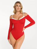 Popilush® Tops Body Shaper Contrast Trim Winter Red / XS Shapewear Long Sleeve Cold Shoulder Tummy Control Bodysuit