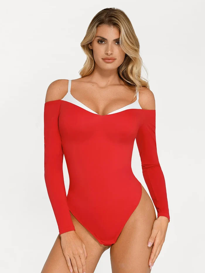 Red long sleeve cold shoulder shapewear bodysuit with white contrast neckline trim and tummy control.