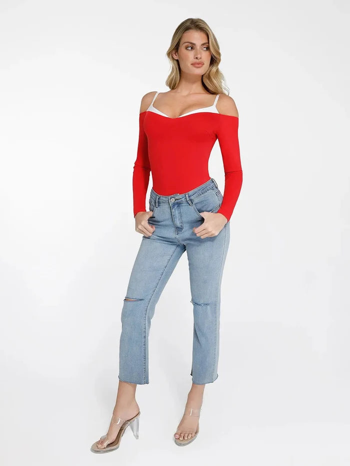 Popilush® red cold-shoulder bodysuit; stylish and comfortable shapewear