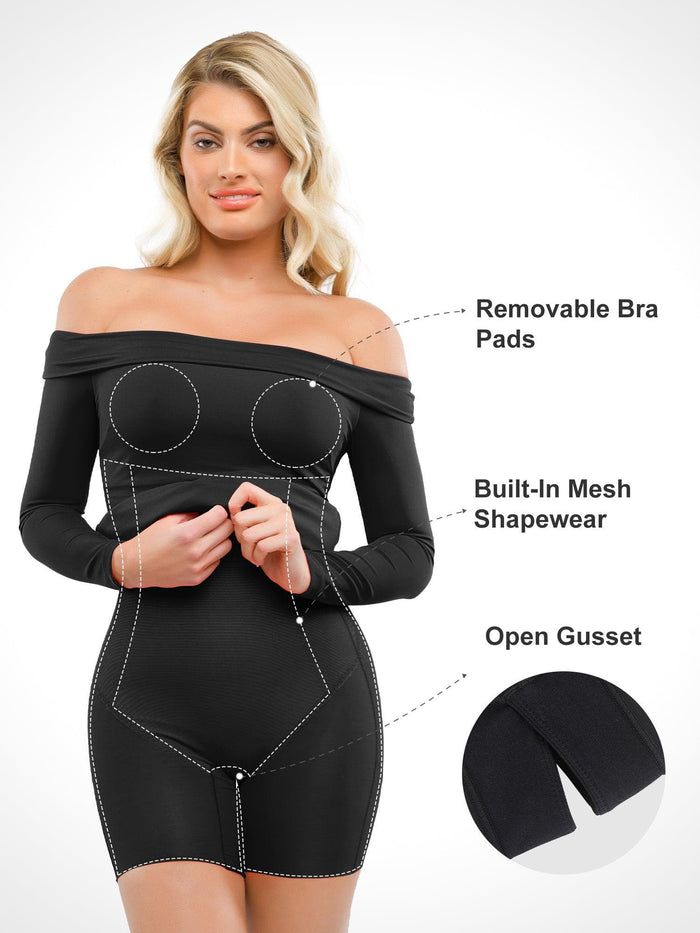 Black shapewear dress by Popilush®: Removable bra pads, built-in shapewear, open gusset.