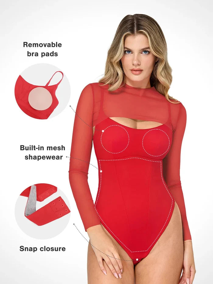 Red shapewear with mesh shrug from Popilush®, offering built-in support and comfort.