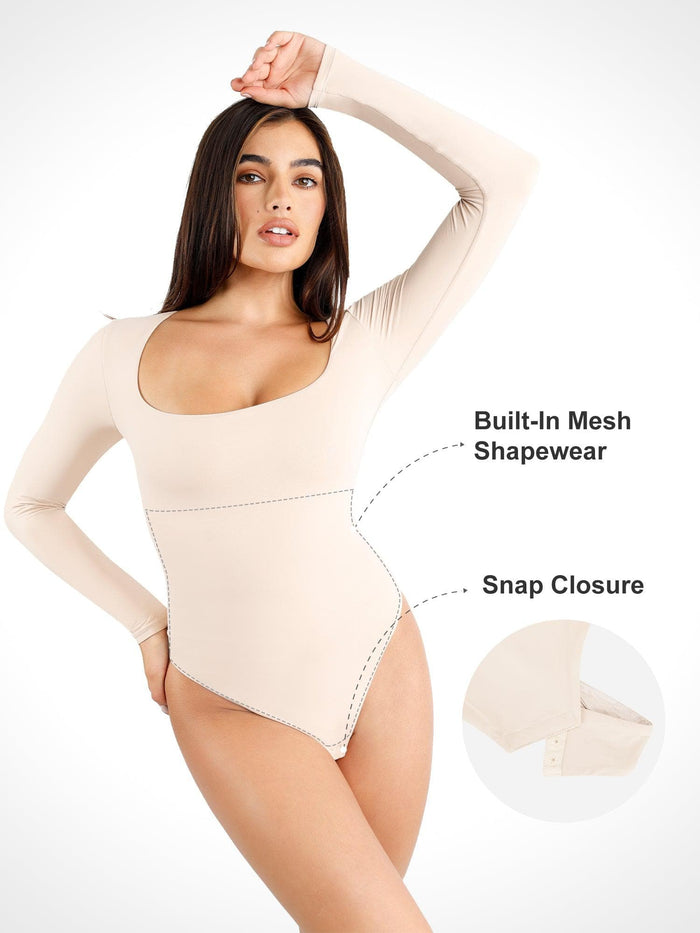 Cloudsense long sleeve seamless bodysuit with built-in mesh shapewear and snap closure.