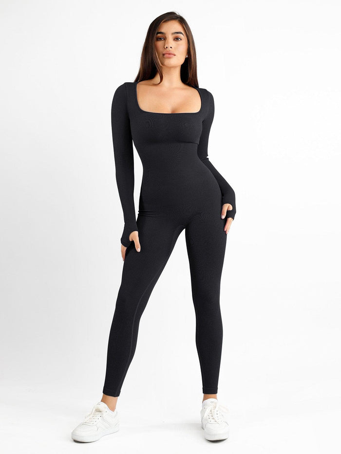 Black Popilush® jumpsuit with square neck and thumb holes