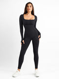 Black Popilush® jumpsuit with square neck and thumb holes