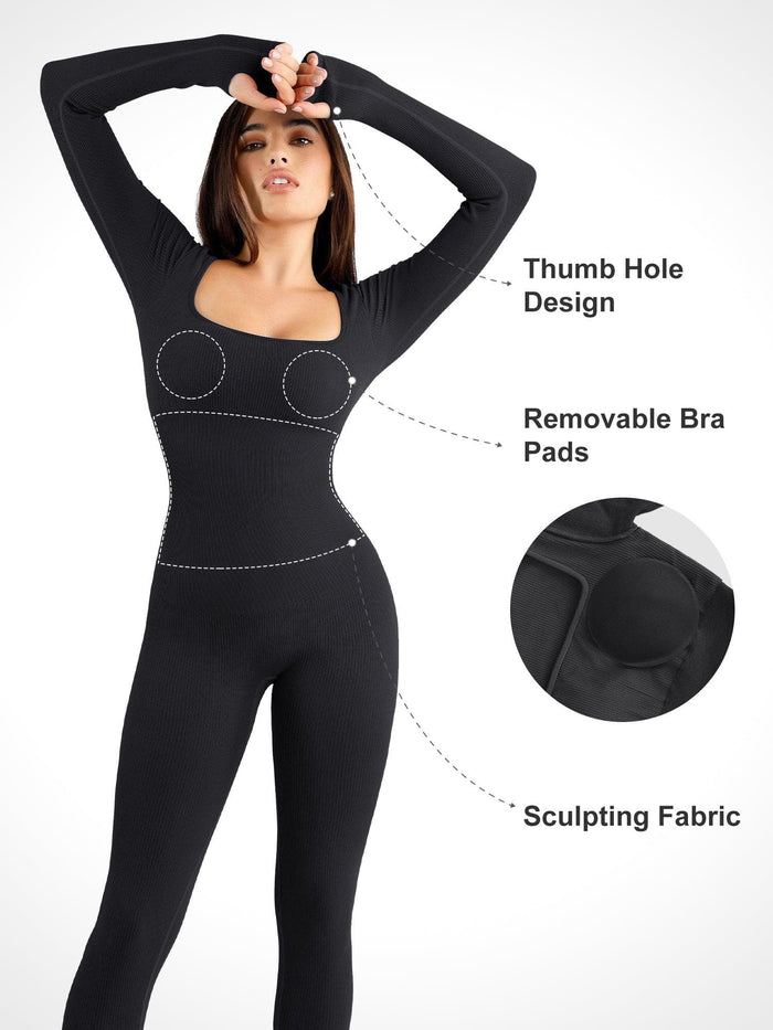 Popilush® jumpsuit features: thumb holes, removable bra pads and sculpting fabric
