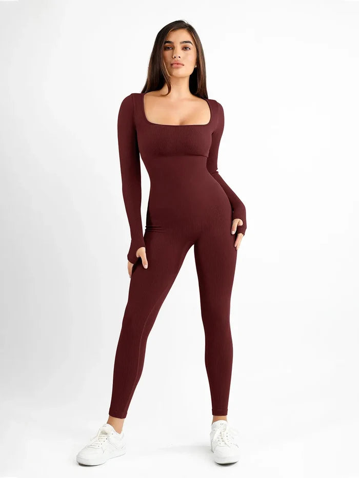Seamless ribbed burgundy long sleeve jumpsuit with square neckline and thumb holes