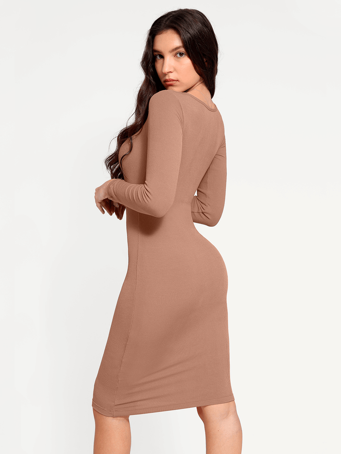 Popilush® Bodycon Party Cocktail Short Loungewear Shapewear Long Sleeve Square Neck Modal Slimming Midi Dress