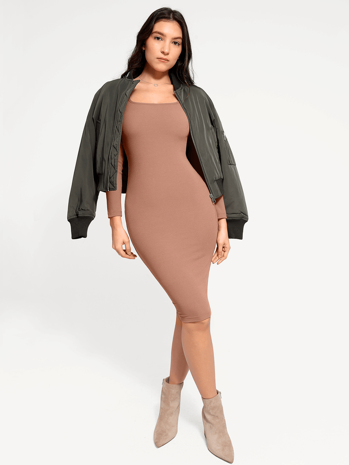 Popilush® Bodycon Party Cocktail Short Loungewear Shapewear Long Sleeve Square Neck Modal Slimming Midi Dress