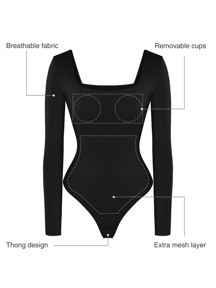 Black long sleeve square neck shapewear bodysuit featuring thong & tummy control.