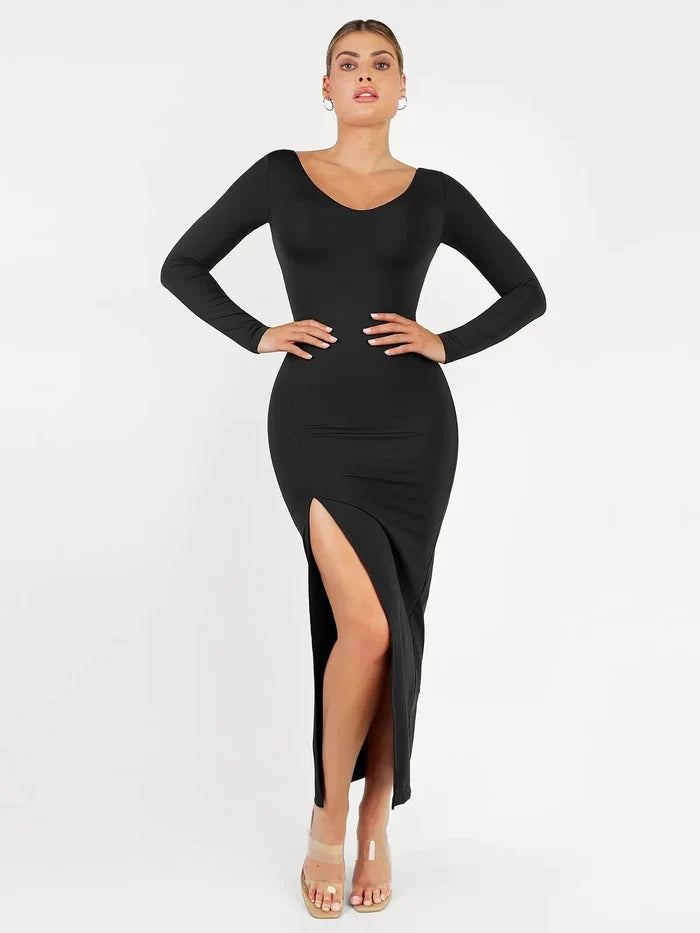 Popilush® Formal Bodycon Party Winter Dress Black / S Shapewear Long Sleeve V-Neck Low Back Slimming Maxi Dress