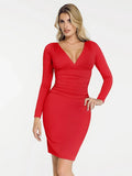 Popilush® Sculpting Formal Party Cocktail Gown Winter Red / XS Shapewear Long Sleeve V-Neck Ruched Bodycon Midi Dress
