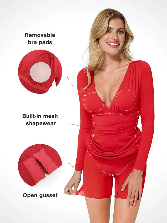 Popilush® dress, with open gusset and built-in shapewear, model smiling and happy
