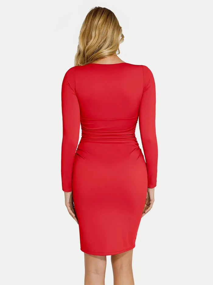 Popilush® Sculpting Formal Party Cocktail Gown Winter Shapewear Long Sleeve V-Neck Ruched Bodycon Midi Dress
