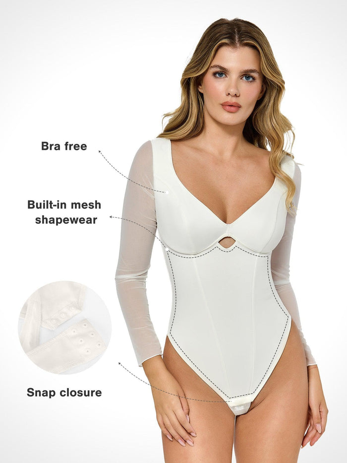 Popilush® sculpting bodysuit with mesh sleeves, cutout, and comfortable design.