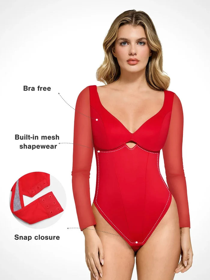 Popilush red sculpting bodysuit: mesh sleeves, sweetheart cutout, bra-free design, snap closure.