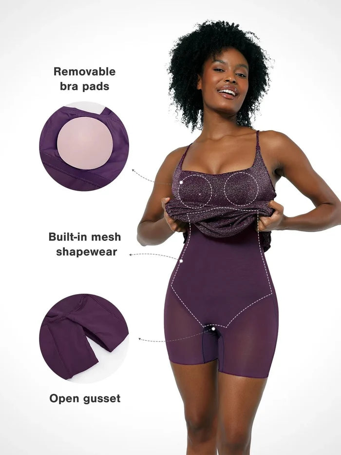 Shapewear slip dress from Popilush®, highlighting removable bra pads, mesh shaping, and comfortable design.