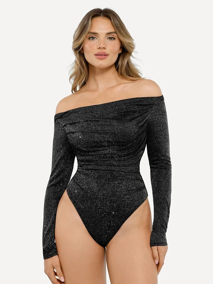 Popilush® Off Shoulder Shine Tops Body Shaper Winter Black / XS Shapewear Metallic Knit Long Sleeve Slimming Bodysuit